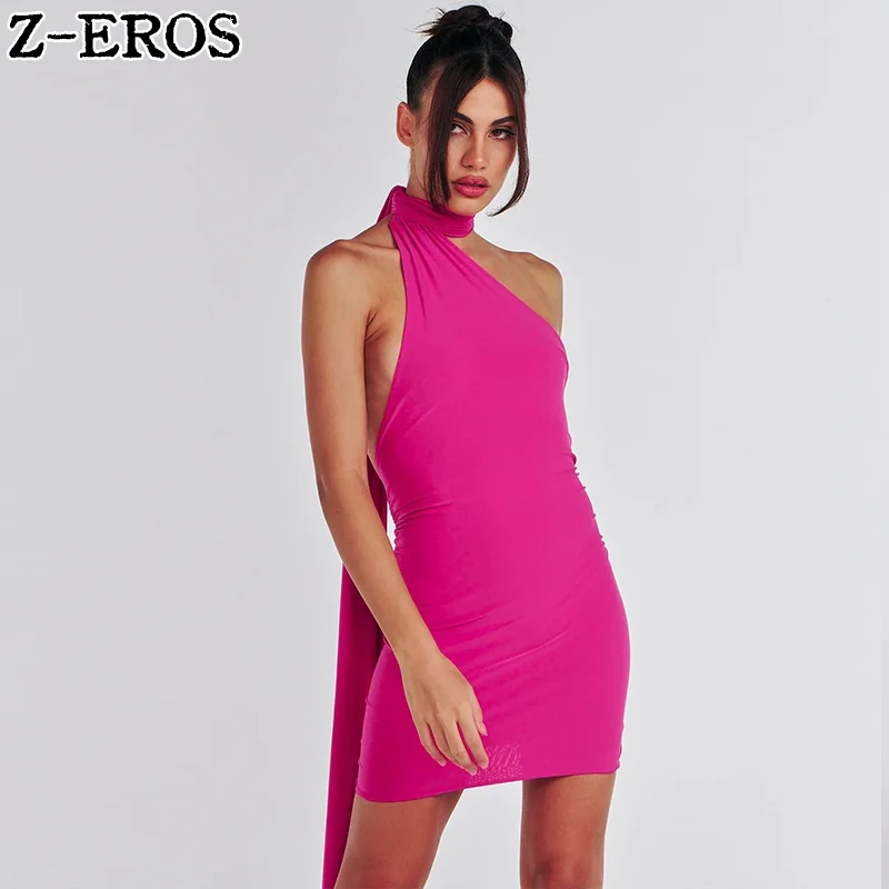 Z-EROS Slanted Shoulder Open Back Pleated Mini Dress Women's Summer Sleeveless Tight Short Evening Dress Women Solid Color Sexy