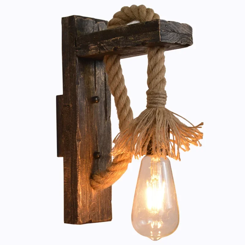 Vintage Wood Hemp Rope Wall Lamps Fixture Retro Hallway Bedside Loft Light Luminaire Industrial American Decor Lighting Wooden