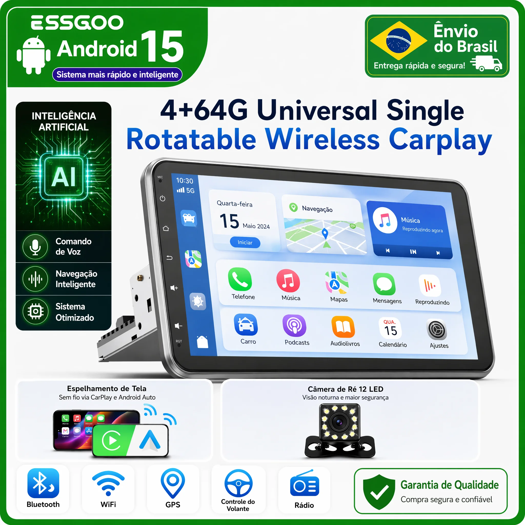 ESSGOO Android 15 Central Multimídia Automotiva Universal Rotativa de 10.1 Polegadas com Carplay, GPS e Bluetooth