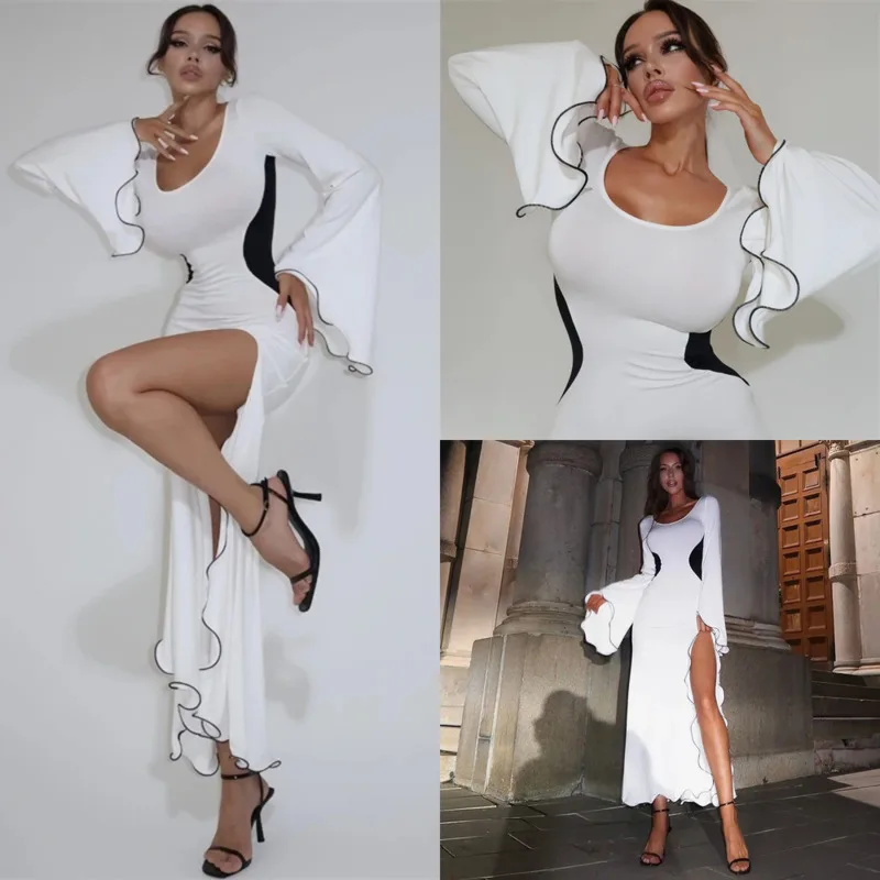 

Long Bell Sleeves Side Slit Ruffles Midi Dress Sexy Hip Hugging Waist Slimming Dress Fashion Slim Fit Flared Sleeve Slit Dress