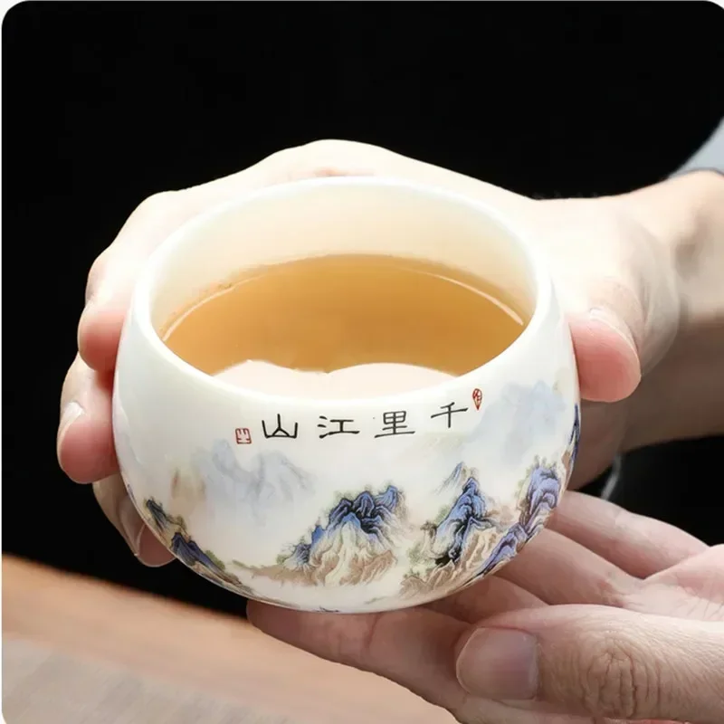 1 Pc Chinese Suede Jade White Porcelain Tea Cup Handmade Teacup Pu\'er Master Cup Tea Bowl Personal Meditation Cup Tea Set 120ml