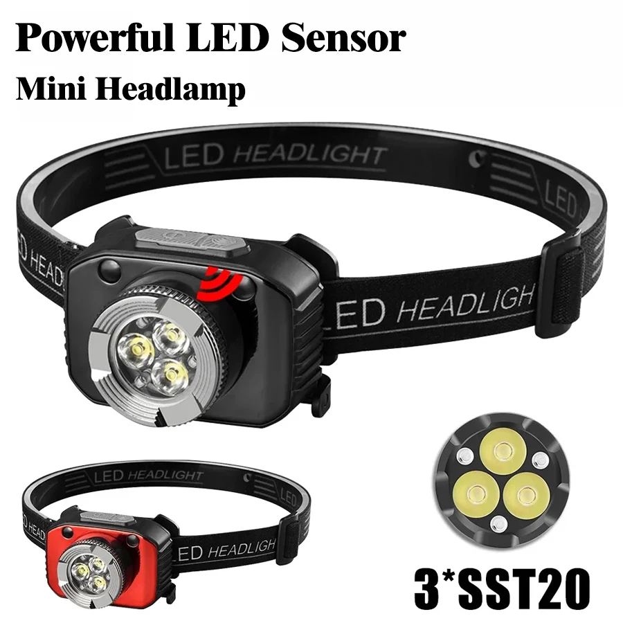 Powerful LED Sensor Mini Headlamp 3 Light Mode USB Rechargeable 1200mah Built-in Battery Headlight Camping Fishing Lantern