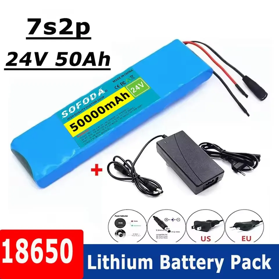 24V 50000mAh 18650 7S2P Hochleistungs-Li-Ionen-Akku mit stoßfester Baumwolle, 29,4V 50Ah für Fahrräder