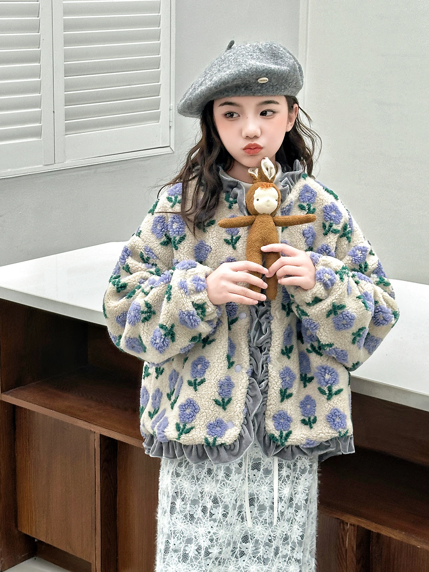 korean-style-thickened-warmth-children's-winter-jacket-floral-print-furry-coat-for-girls-medium-to-large-children-trendy-cott