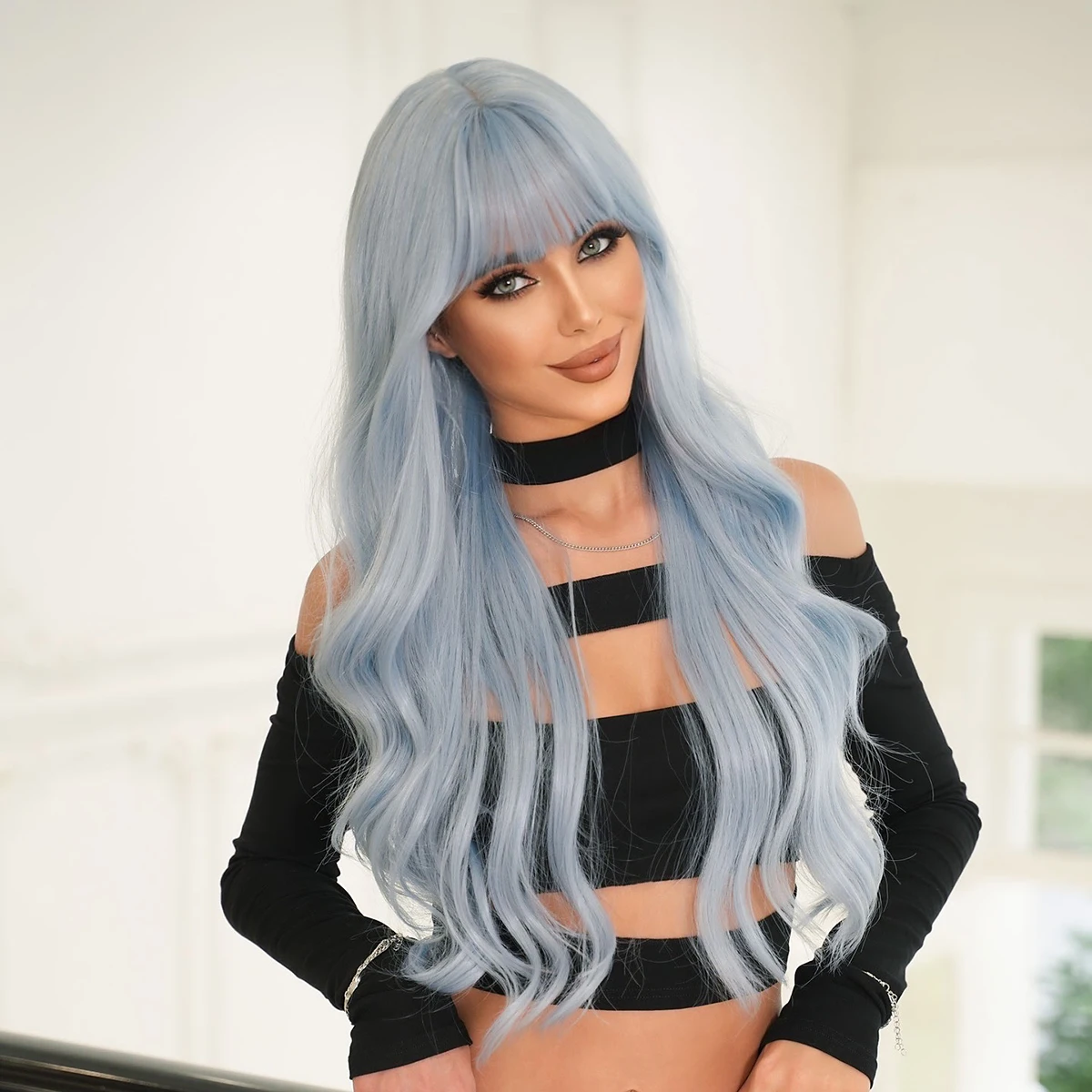 PARK YUN Long Wavy Light Blue Wig For Women Natural Bangs popular Sweet Synthetic Wigs Heat Resistant Daily Cosplay Lolita Wig