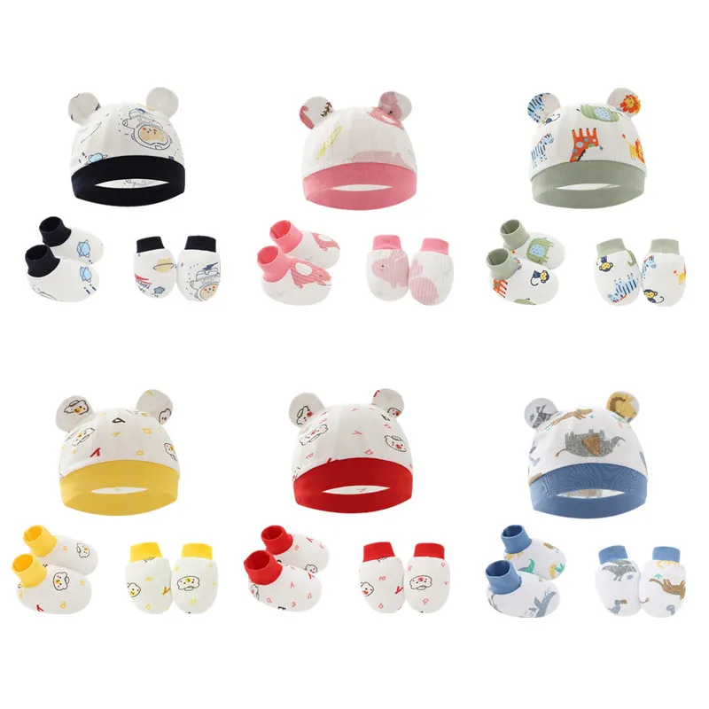 

1 Set Baby Cotton Hat + Anti Scratching Gloves + Foot Cover Newborn Shower Gift Hospital Cap Socks Kit Baby Boys Girls Bonnet