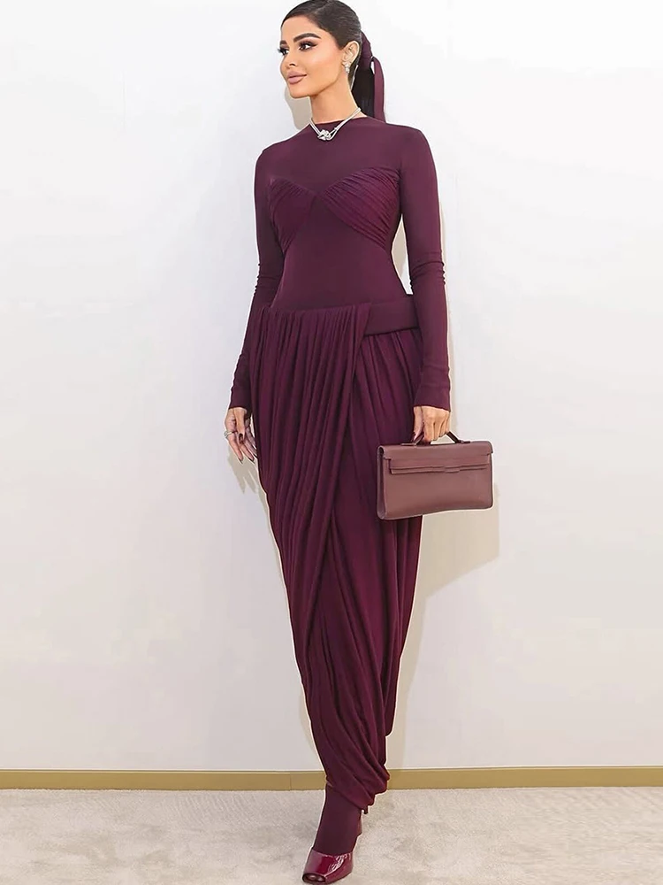 Weird Puss Wrapped Sexy Dress Women Mesh Patchwork Split Ruched Elegant Full Sleeve Trend Birthday Banquet Party Maxi Bodycon