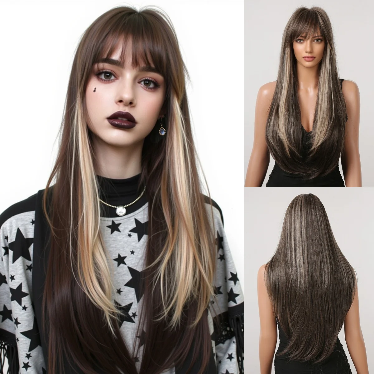 Schwarze Highlight-Rosa-Synthetik-Perücke mit Pony, lange gerade schwarze Highlight-rote Perücke für Frauen, Cosplay, Party, Weihnachten, 66 cm – Detail 11