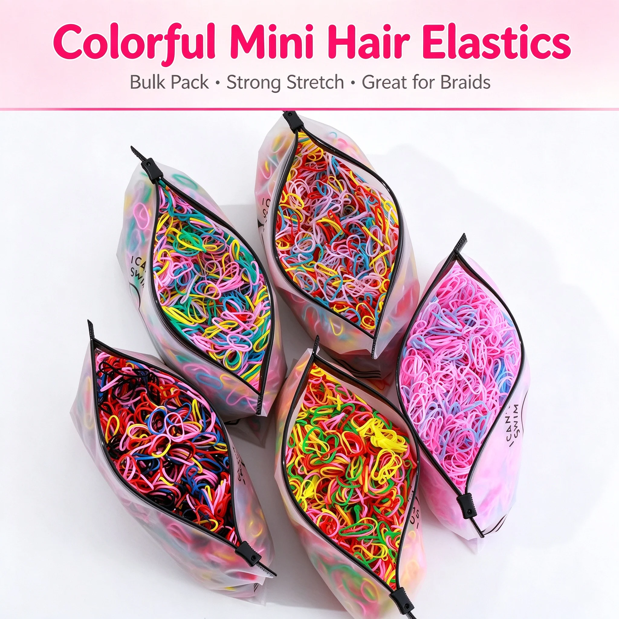 Colorful Disposable Rubber Hair Bands Elastic Mini Hair Ties for Kids Girls Ponytail Holder Zipper Bag Pack Hair Accessories