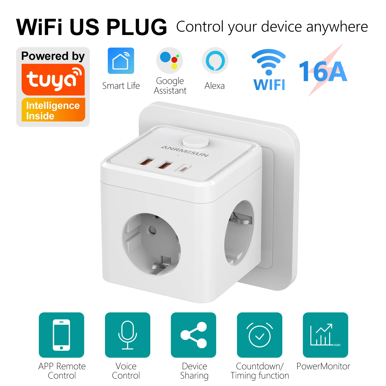 3 EU Plug 2 USB-A 1 Type-C Port Charging Plug Wifi  Smart Home 10A/16A EU Socket Voice Controal for Alexa Google Home Appliance view 2
