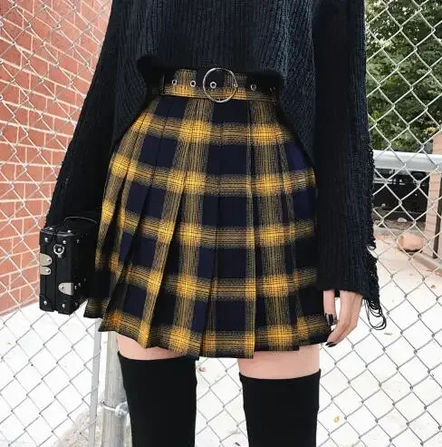 

Women's Harajuku High Waist Mini Short Skirt, Punk Style, Yellow, Black, Red, Pleated, Female Fashion, New, Autumn, Winter