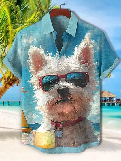 Men's Shirt Westie Dog Beach Scenery Print New Tropical Notch Collar Roll Sleeve Light Fabric Seaside Holiday Male Garments