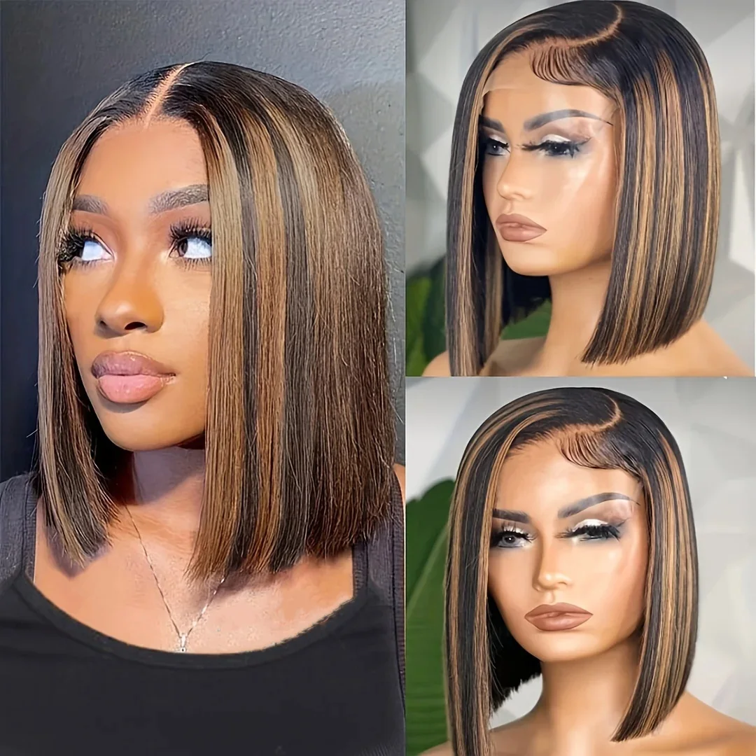 200 Density Highlight Bob Wig Human Hair 4/27 Highlight Color Straight Hair Bob Wigs Preplucked 13x4 Lace Short Human Hair Wigs