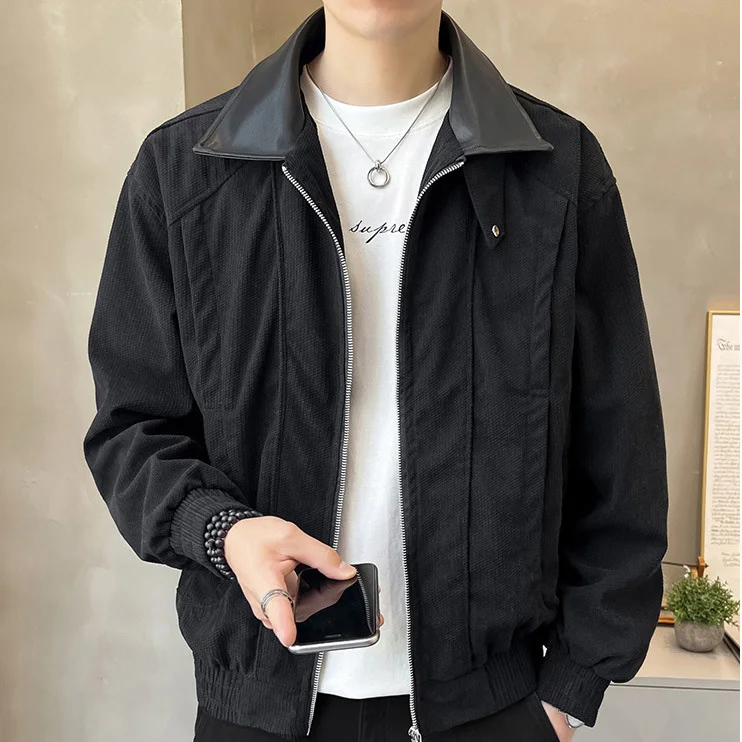 Autumn Men Coat Retro Contrast Color Turn Down Collar Male Cargo Jacket Long Sleeve Zipper Casual Versatile Young Man Outerwear