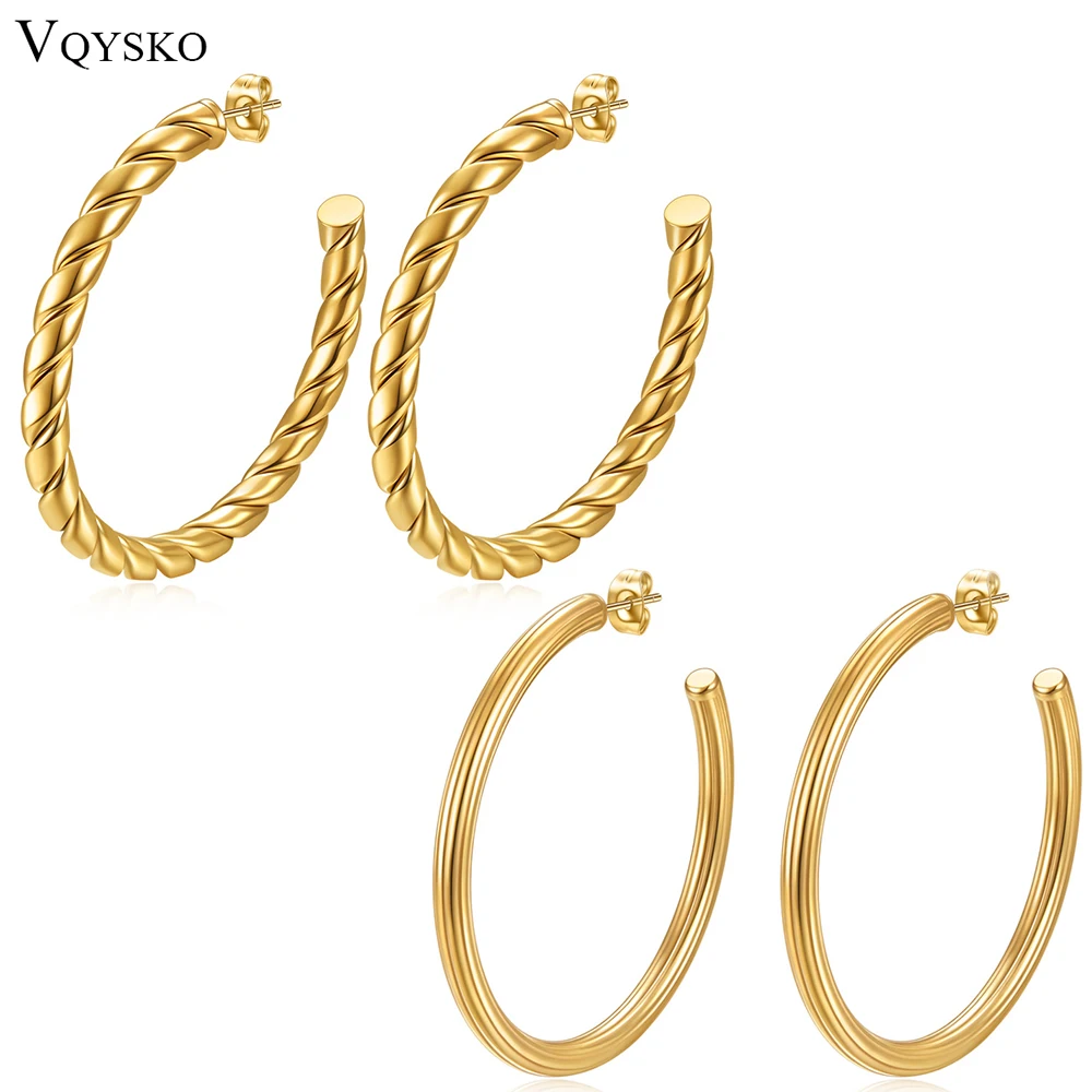 

VQYSKO Large Gold Color Twisted Braid Hoop Earrings Stud Back Chunky Statement Earrings Titanium Hypoallergenic Jewelry