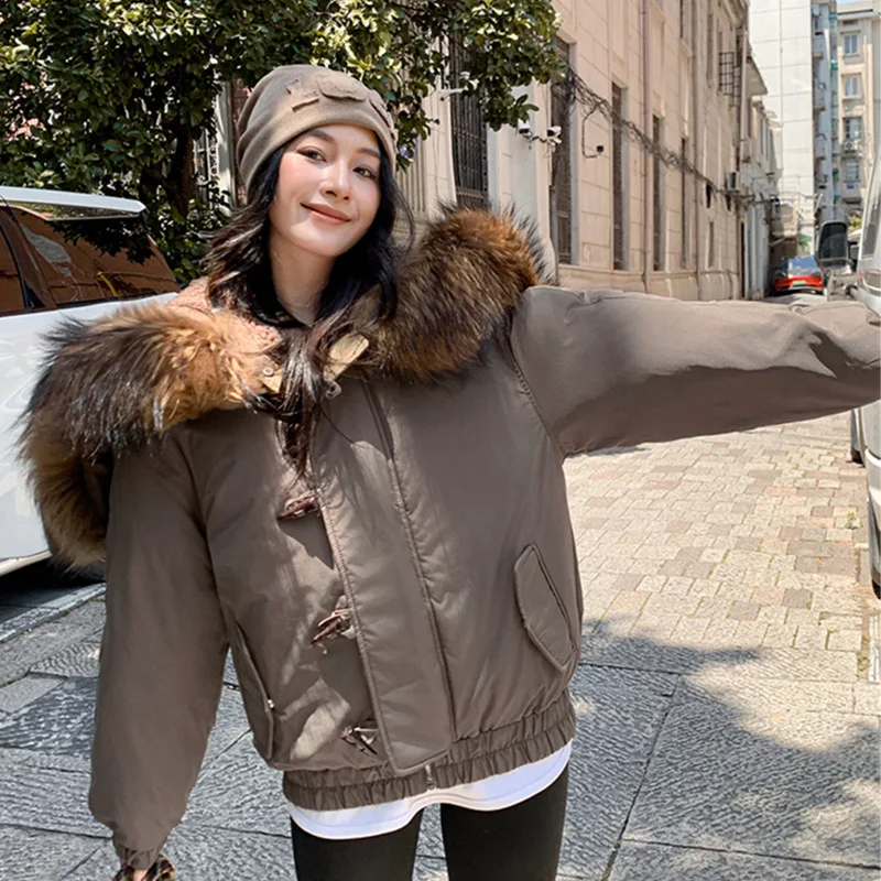 2025 Winter Fur Patchwork Hooded Women Parkas Simple Warm Vintage Embroidery Streetwear Jackets Y2k Aesthetic Loose Grunge Coats