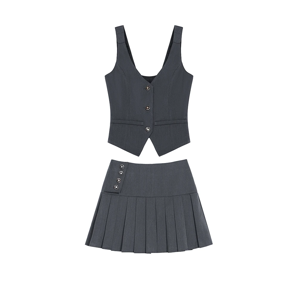 2024 Summer New Style Retro College Style Vest Pleated Skirt Two-piece Set Feminine Hot Girl Fashion Short Skirt