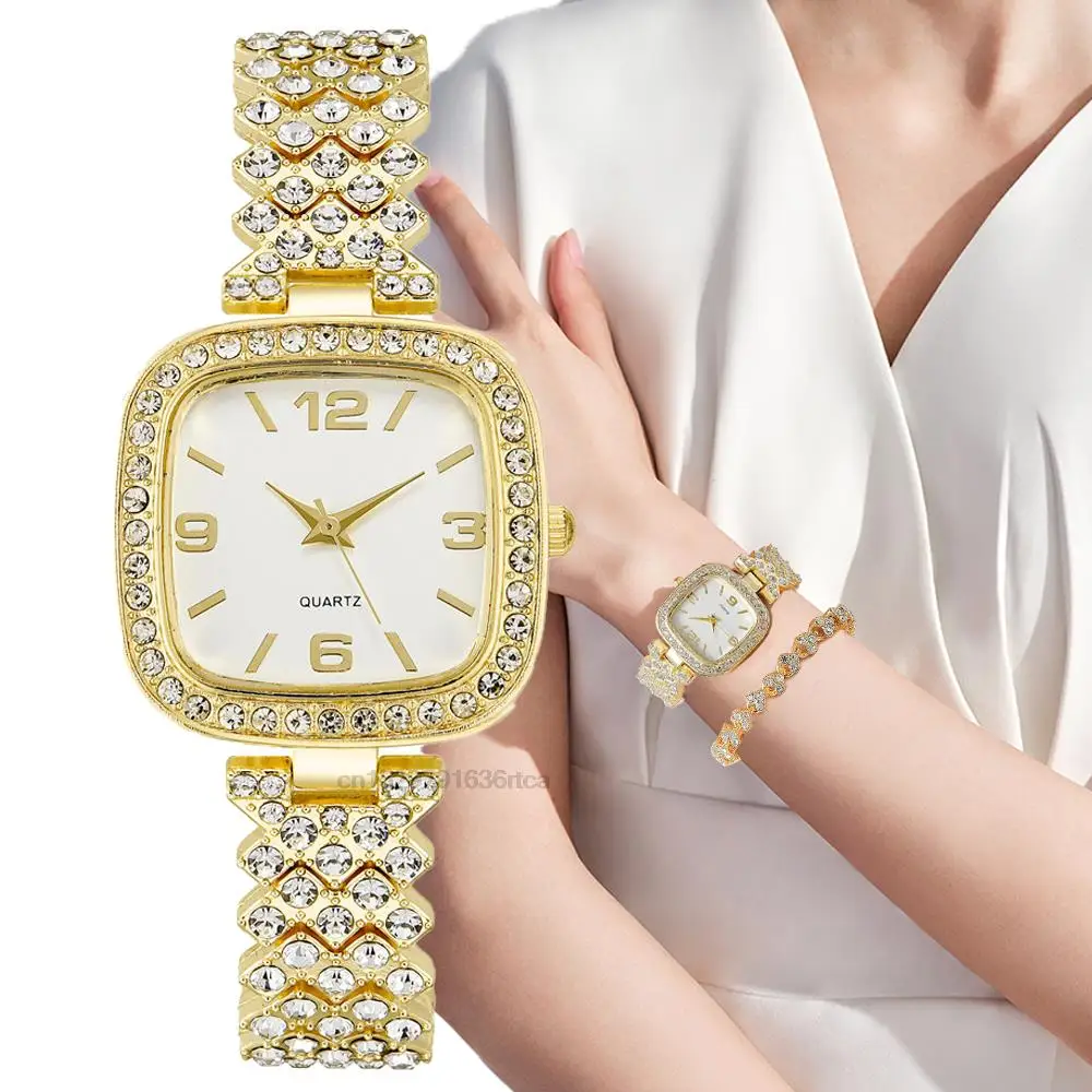 Luxury Women Watches Fashion Square Number Full Diamond  Watch Stainless Steel Rhinestone Folding Buckle Clasp Strap Clock