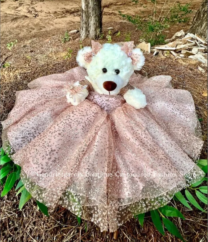 Glitter Pink Mini Quinceanera Teddy Bear Dress 2025 Elegant Sequin Beaded Applique Prom Dresses Quinceanera Customised