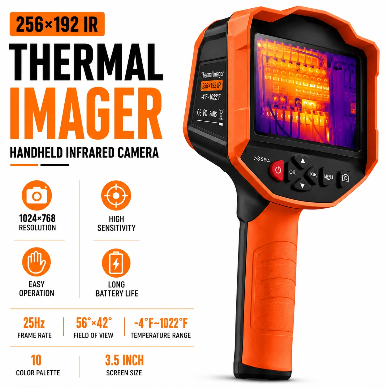 Cámara Térmica IR de 256x192, 25Hz, Pantalla LCD de 3.5'', 4800 Píxeles, -20~550 ℃ Detector de Calor Profesional para HVAC y Electricidad