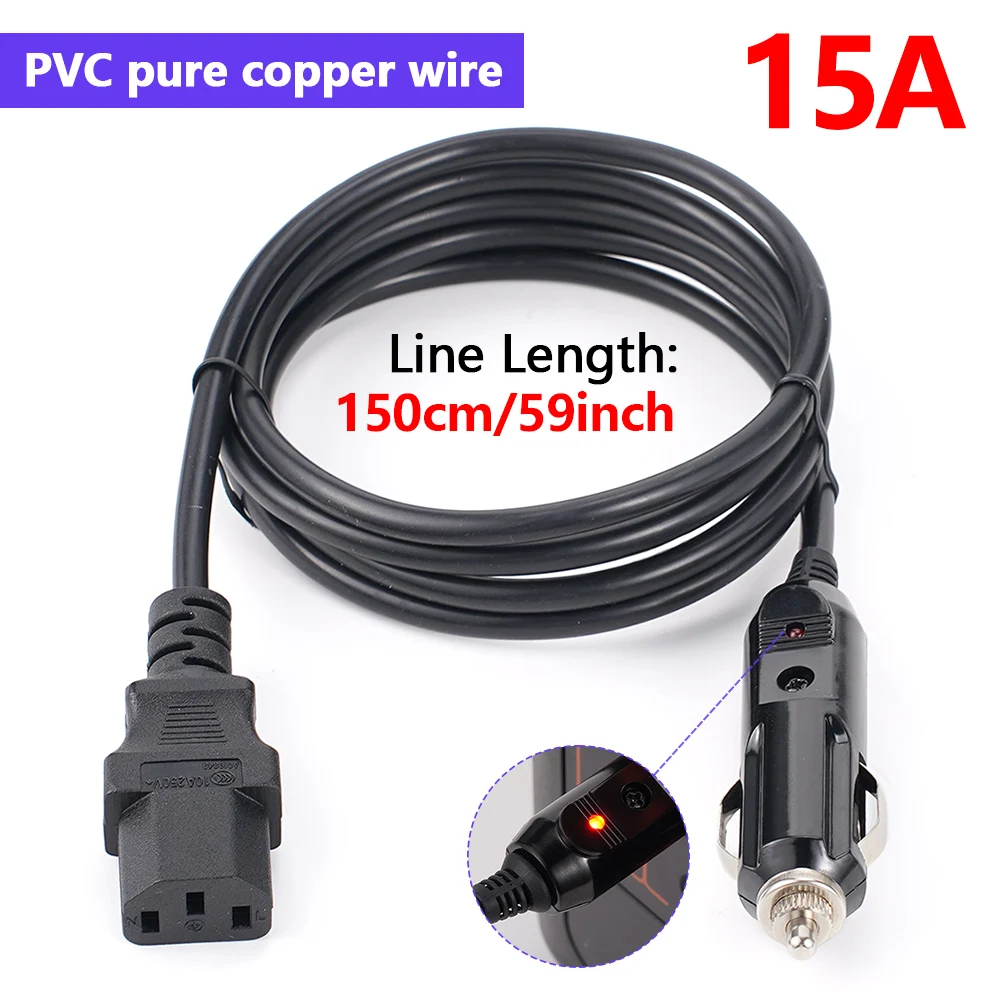 1.5m Car Extension Cord Universal Power Cable 3 Pin Plug with Cigarete Lighter Male Plug for Car Fridge Instant Pot Rice Cookers