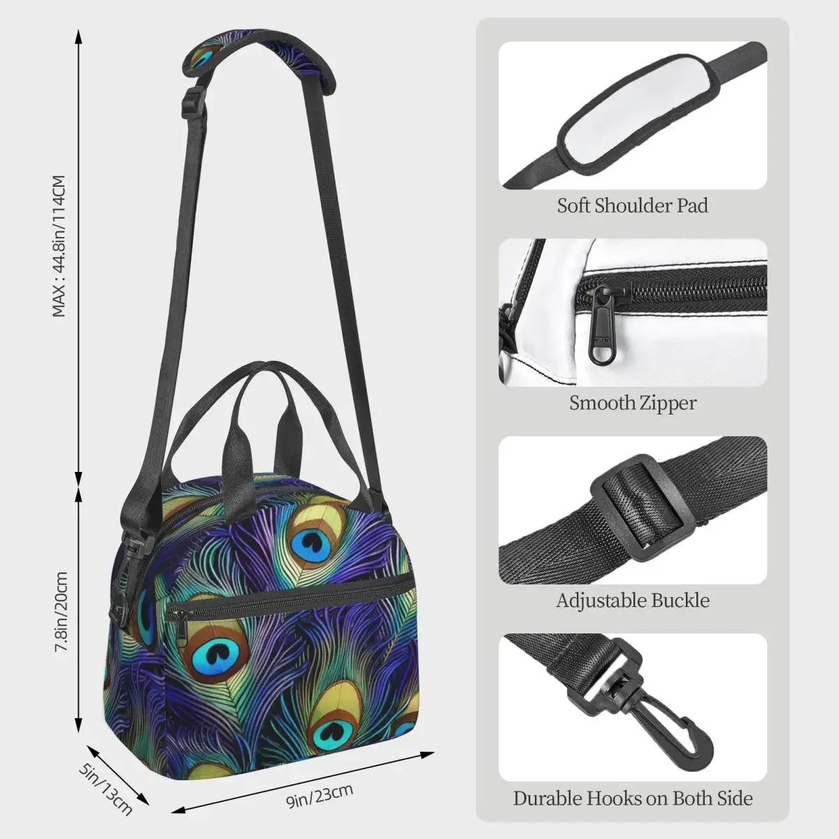 Peacock Feathers, Green Purple Yellow Blue Black Tones Lunch Bags Bento Box Lunch Tote Picnic Bags Cooler Bag for Woman work