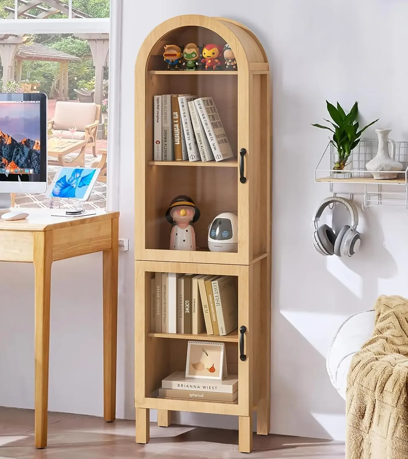 Arched Tall Bookcase Freestanding Wood Color Display Cabinet Five Shelf Storage Organizer For Living Room