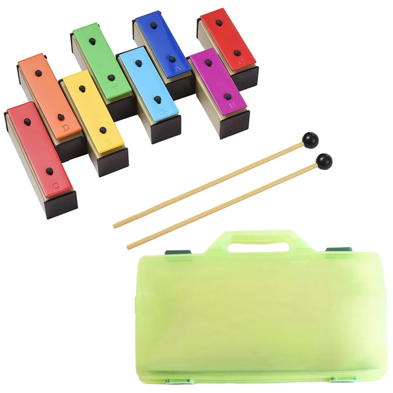 

8-Note Xylophone Colorful Glockenspiel Removable Rainbow Color Metal Plates Resonator with Plastic Mallets Green Case