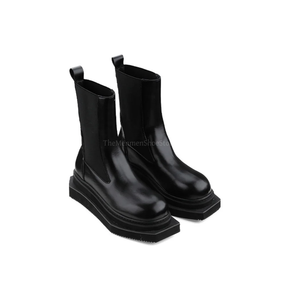 Thick Soled High Top Chelsea Boots for Men and Couples Black Beige Leather Thick Bottom Square Big Toe Short Boots for Women
