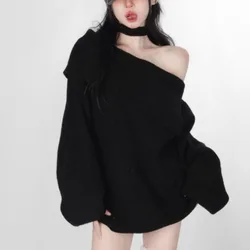 Deeptown Kpop Black Knit Halter Sweater Women Off Shoulder Sexy Y2K Long Sleeve Pullovers Jumpers Female Lazy Wind Gyaru Jerseys