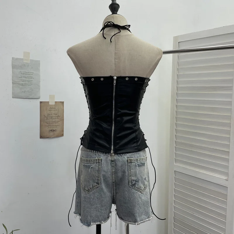 Women Vintage Punk Hot Girls Strappy Tube Top Pu Leather Top Sexy Tight Sexy Short Halter Neck Hollow Out Top Y2K Streetwear2765