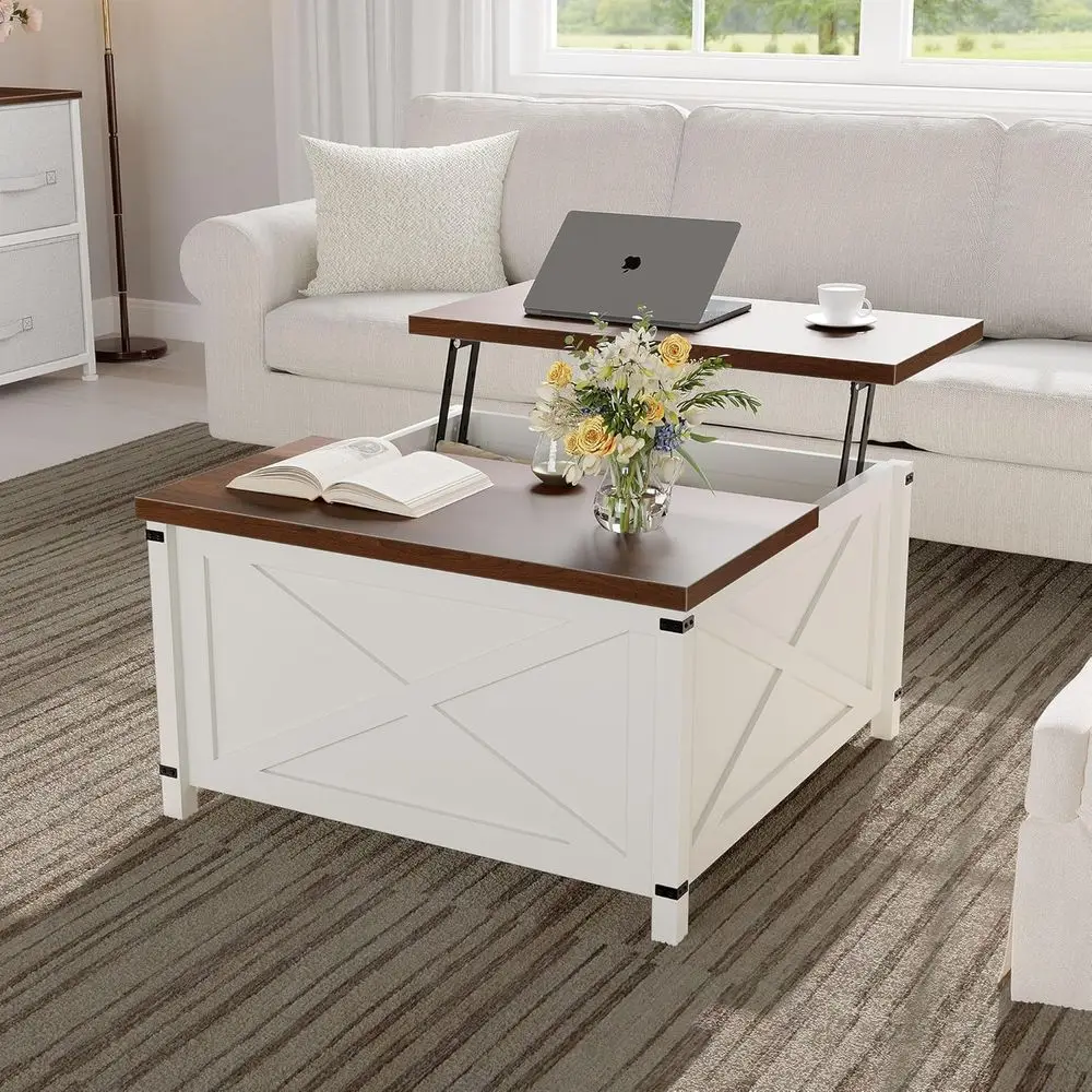 

Журнальный столик с гидравлическим подъемным механизмом и скрытым хранилищем, в индустриальном стиле, прочная конструкция из дерева и металла, безопасный подъемный механизм