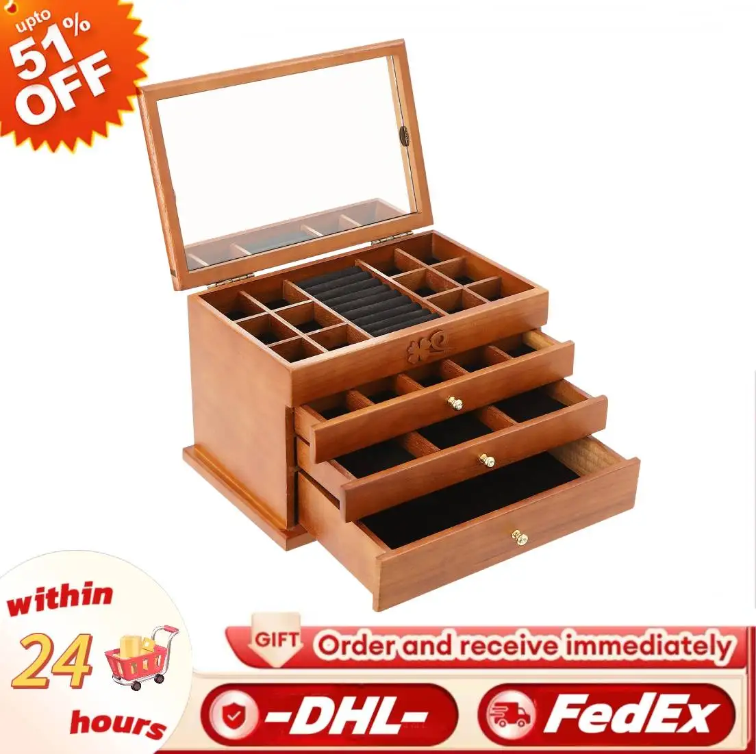 

4 Layers Brown Large Wooden Jewelry Box with Mirror Drawers Christmas Gifts Birthday Presents for Women