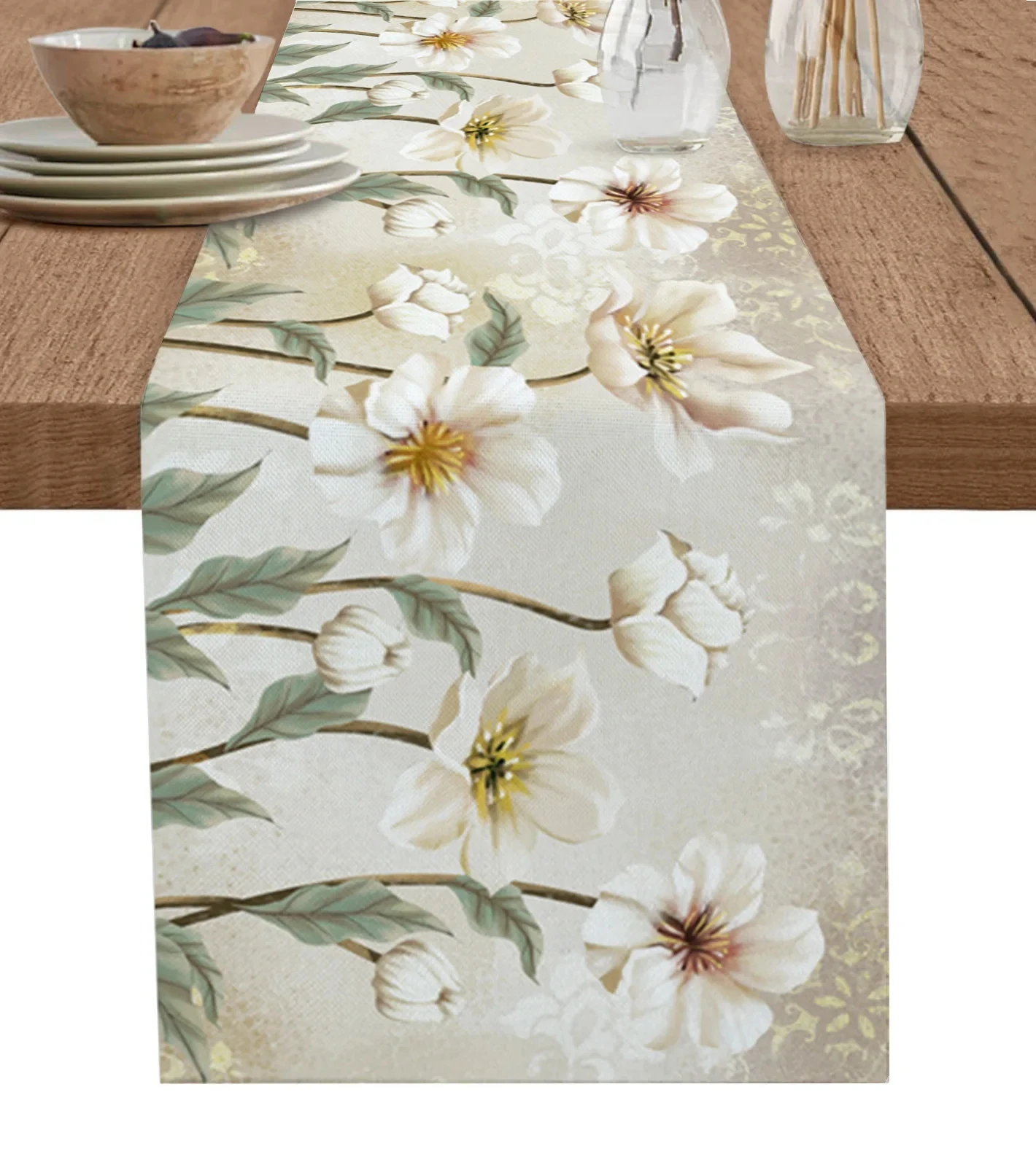 Spring Vintage Tulips Flower Linen Table Runner Summer Floral Dresser Scarf Table Decor Holiday Wedding Party Dining Table Decor