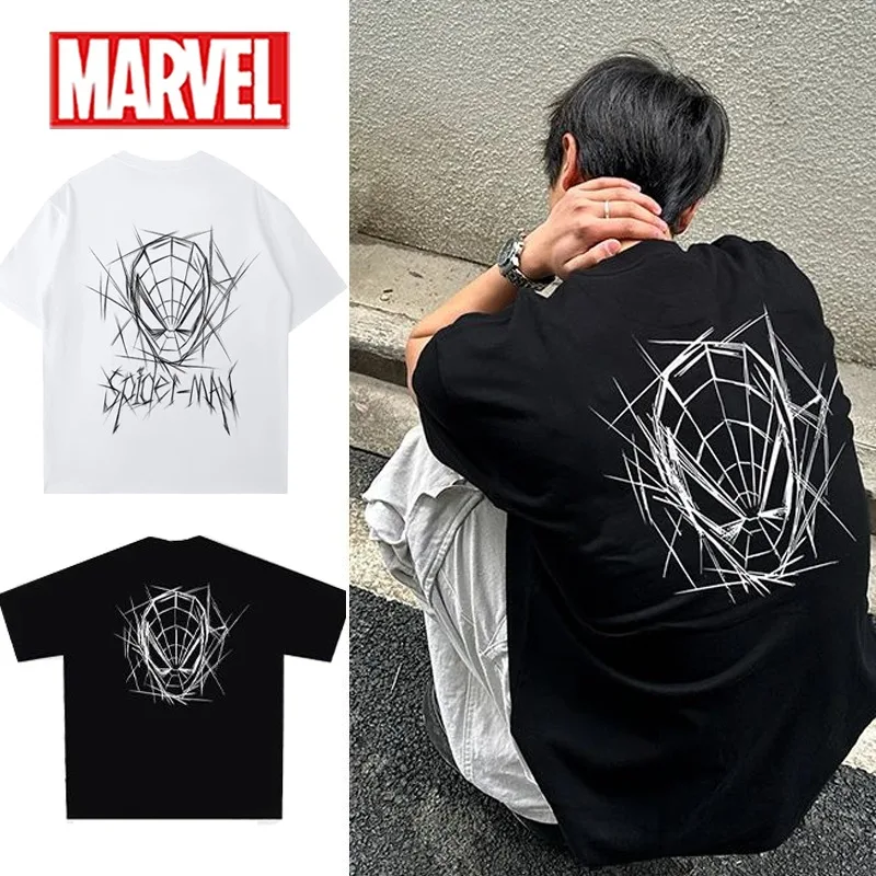 

Marvel Spider-Man Hand Drawn Short Sleeved T-shirt Cartoon Man Women Cotton Print T-shirt Summer Couple Casual Breathable Tops