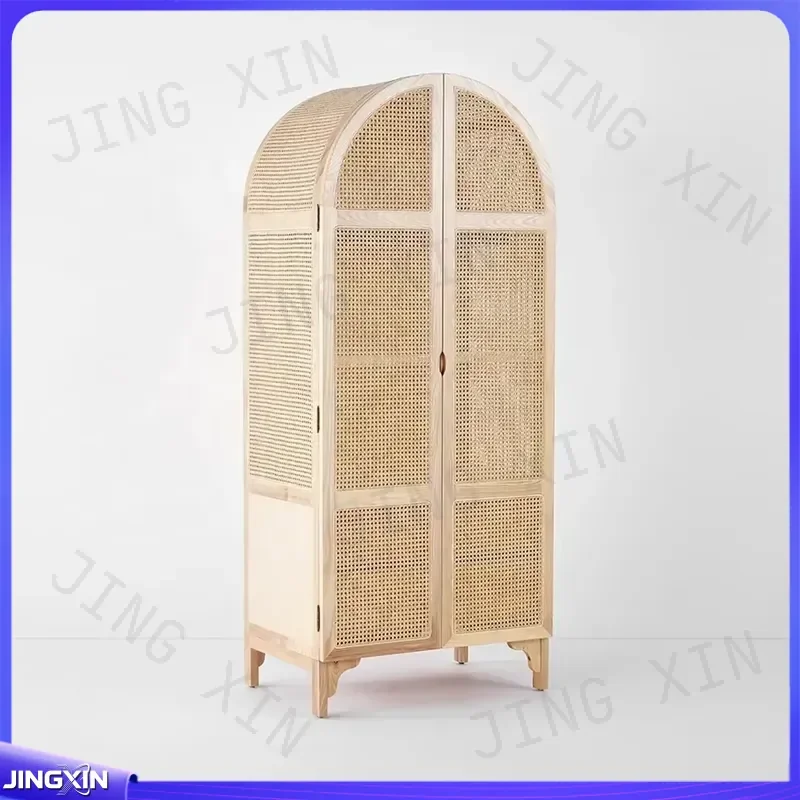 Custom for Woven Rattan Bedroom Hidden 2 Doors Wooden Wardrobe Closet Storage Cabinet Furniture Home Organization