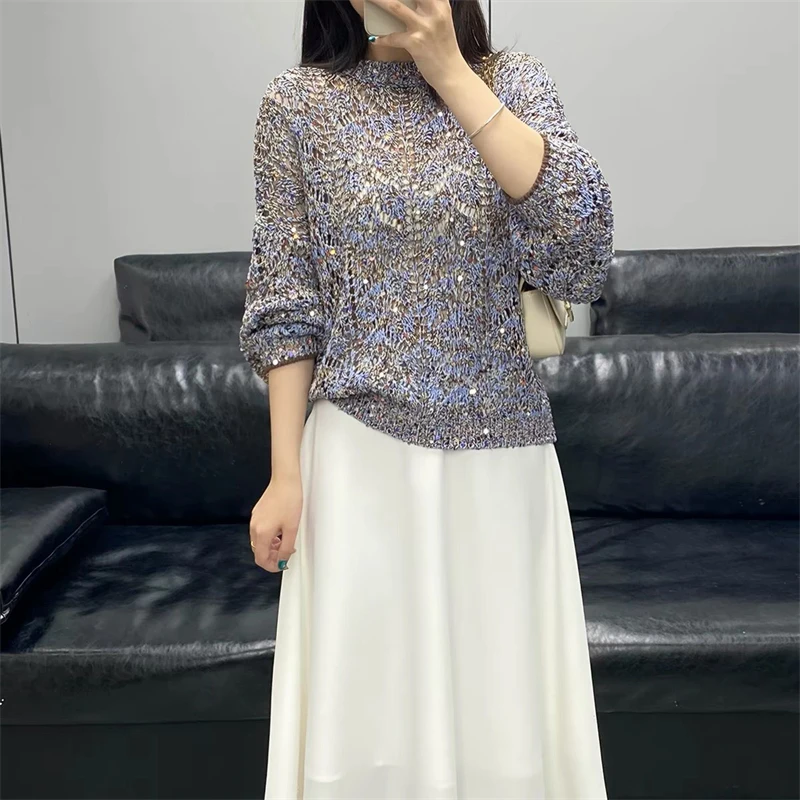 Women's round Neck Knitted Sweater with Sequin Mix Color Long Sleeve High Quality Crochet Hollow out Design Autumn New Style