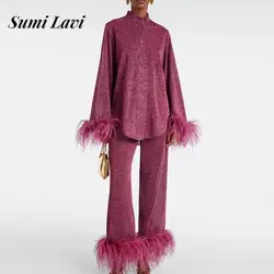 Fashion Stand Neck Button Shirt & Long Pant Set Women Casual Long Sleeve Solid 2Pc Suits Elegant Feather Patchwork Loose Outfits