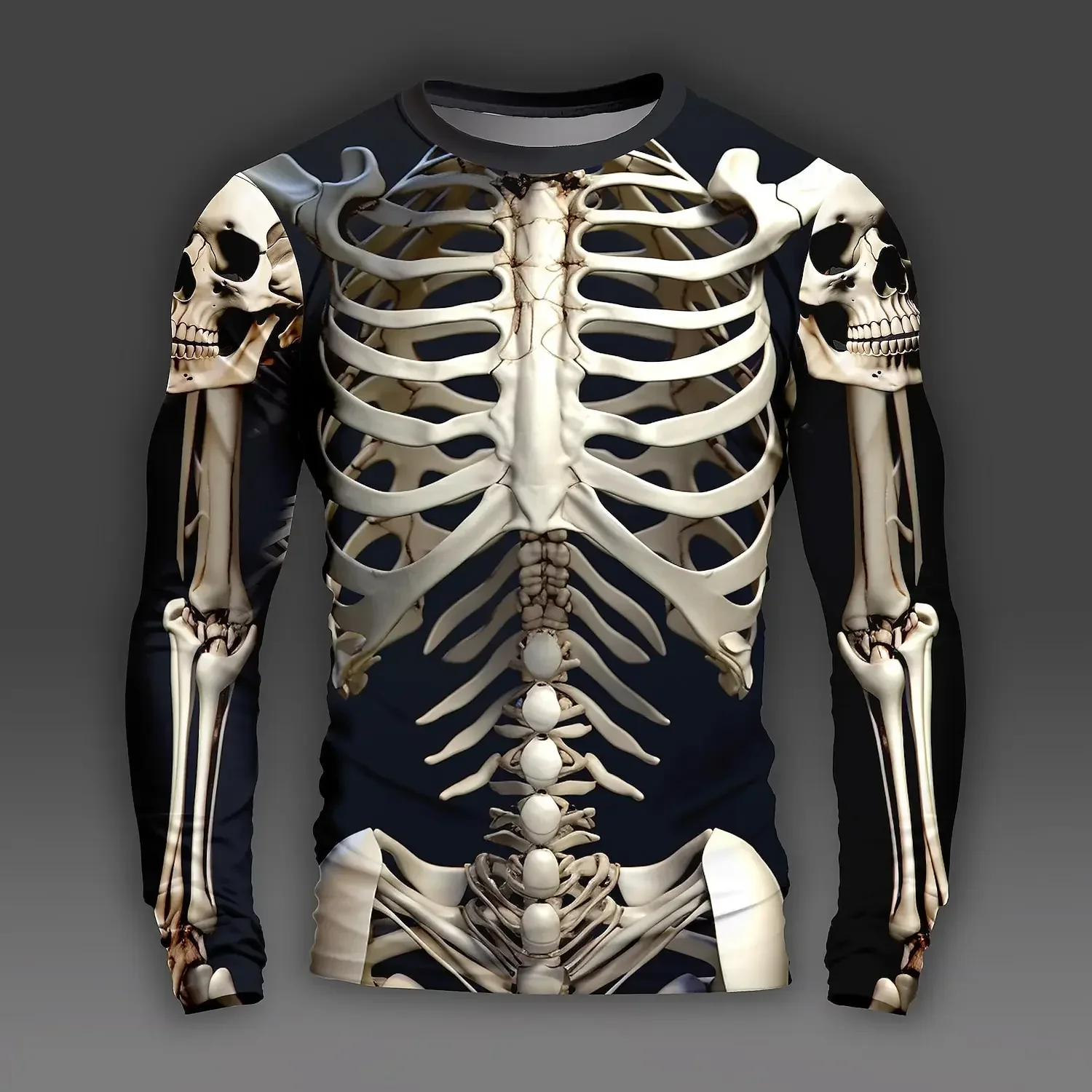 Lustiges 3D-Motiv mit menschlichen Knochen, Herren-Langarm-T-Shirt, lässiger Schnitt, Rundhalsausschnitt, lockere Passform, modisches und bequemes Oberteil, Herbstbekleidung. – Detail 4