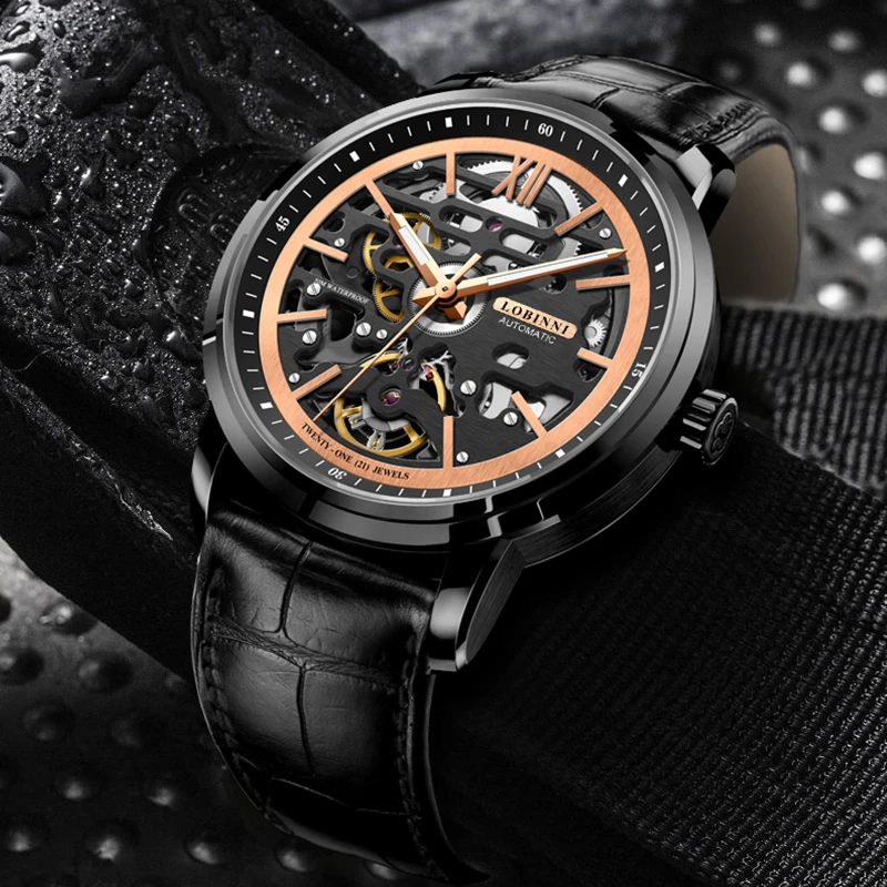 LOBINNI 42mm quadrante scheletrato orologio automatico da uomo cinturino in pelle di marca di lusso orologio da polso a carica automatica da uomo