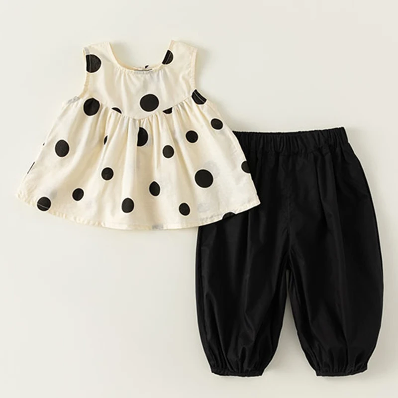 

2Piece 2023 Summer Baby Set Toddler Girl Clothes Korean Cute Dot Sleeveless Cotton Vest+Loose Pants Boutique Kids Clothing BC465