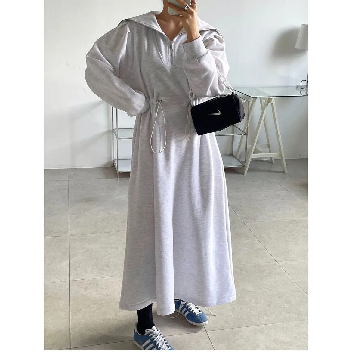 2026 New Fashion Korean Style Drawstring Hooded Long Dress Women's Casual Straight Cut Skirt Long Sleeve Stand Collar Dress