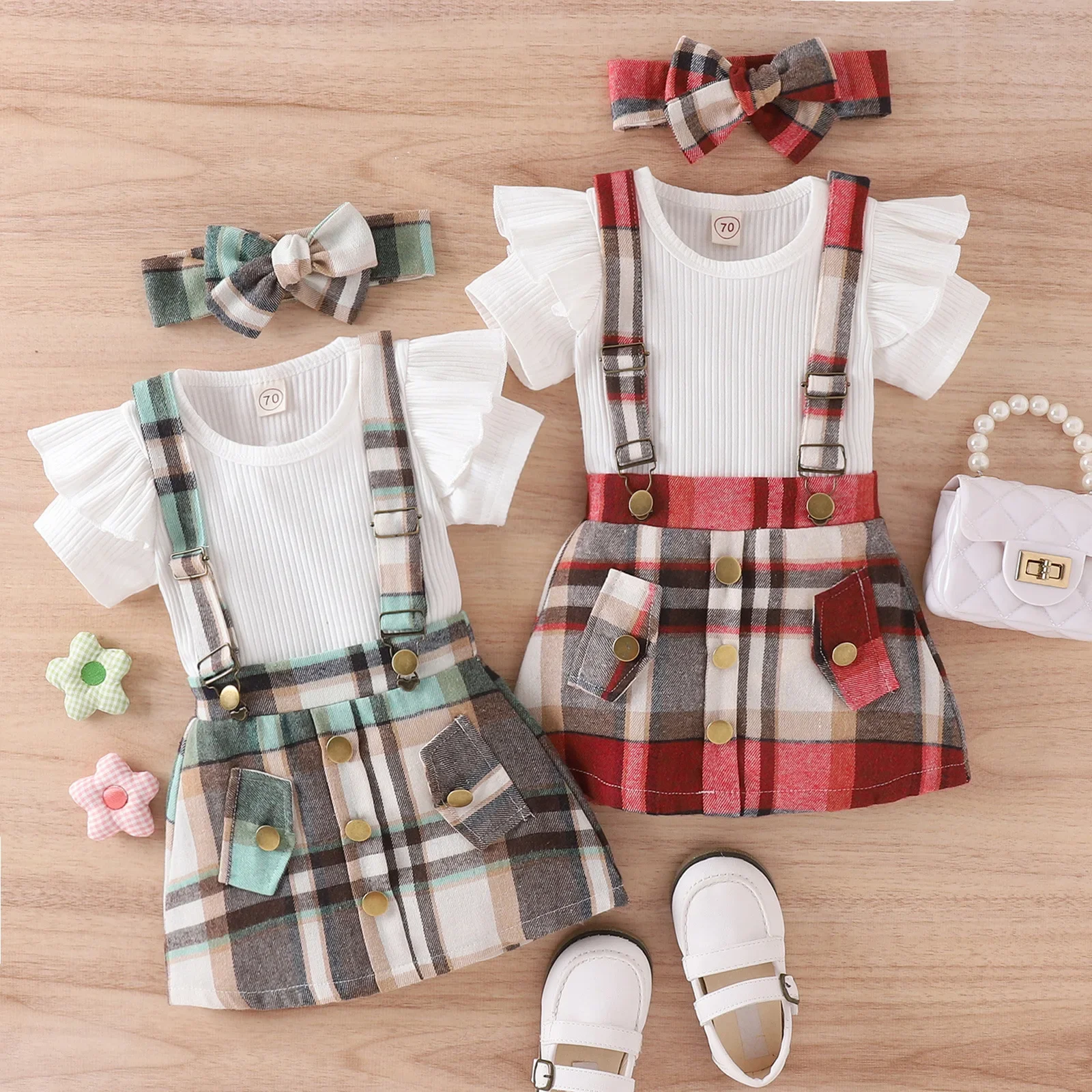 

Spring Summer New Toddler Kids Clothes Girls Ruffles Hort-Sleeved Cotton Pit Top+Plaid Suspender Button Dress+Headband Sets 3Pcs