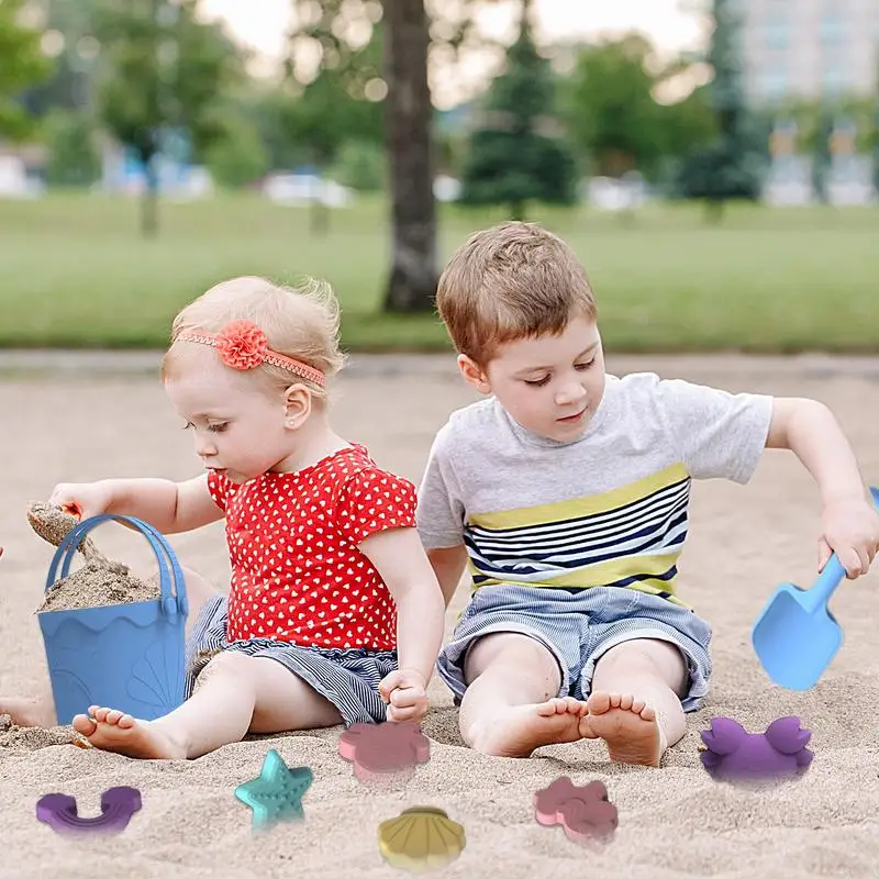 Conjunto de brinquedos de areia de silicone para crianças, brinquedos de praia ao ar livre, sandbox com saco de malha portátil