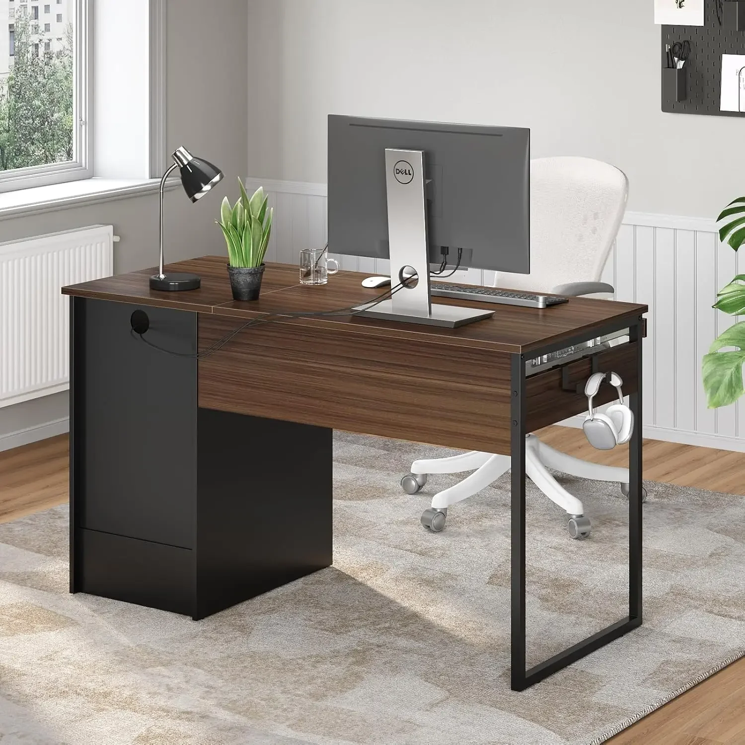 48” Computer Desk with Drawers, Office Desk with Storage, Industrial Wood Writing Desk with File
