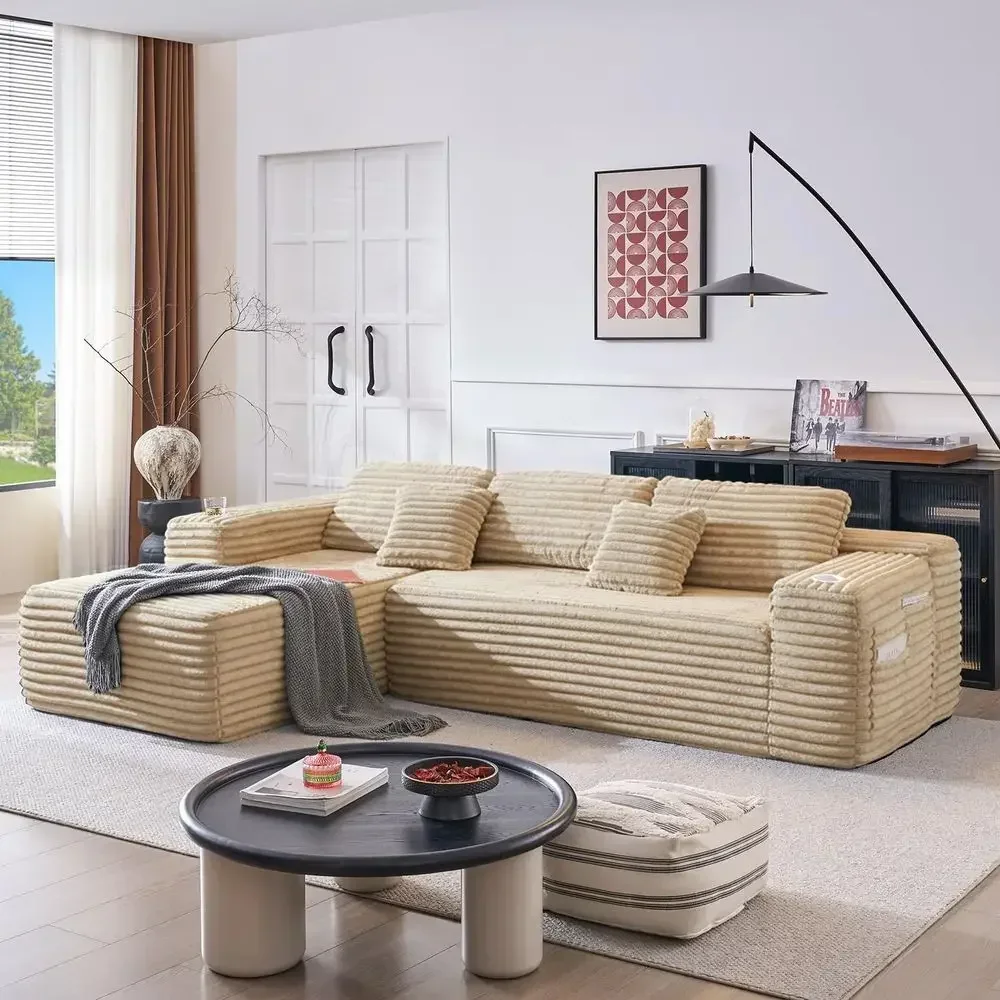 L-Shaped Sectional Sofa with Chaise, Deep Seating, Cup Holders, Storage, Living/Bedroom Use, Ready to Use, Camel Color