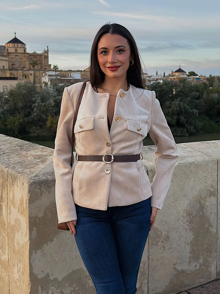 HH mujer cinturón de bolsillo falso de un solo pecho decorar chaquetas de calle otoño mujer moda cuello redondo manga larga abrigo corto 3 colores