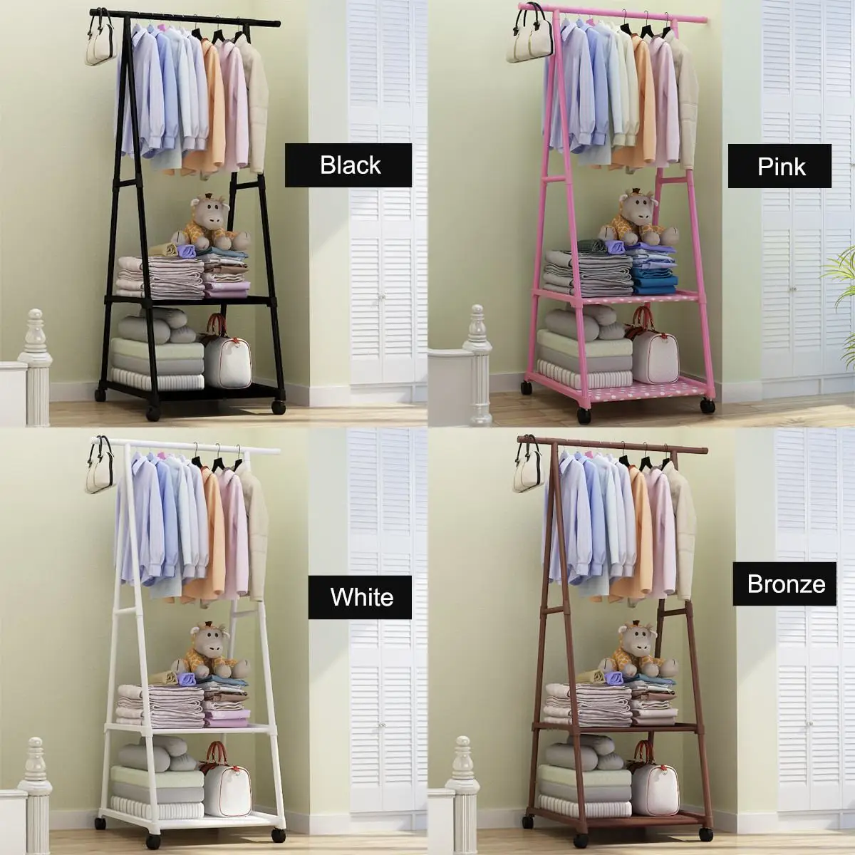 Coat Rack Removable Metal Coat Hanger Stand Floor Clothes Hanger With Wheel Storage Shelf Wardrobe Clothes Holder Shelves