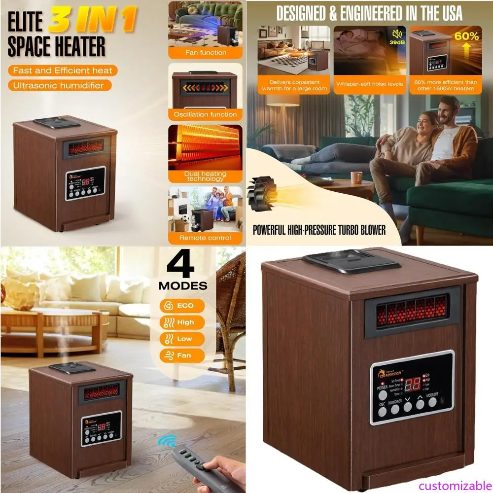 

1500W Infrared Heater with Advanced Humidifier, Oscillating Fan, and Remote Control - Walnut DR998, Dual Heating System