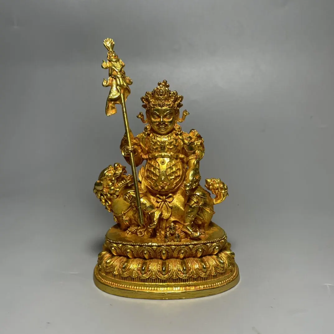Vintage Gilt Copper Vaishravana Statue Tibetan Wealth God Kubera Buddha Figurine Lotus Base Home Collectible Ornament